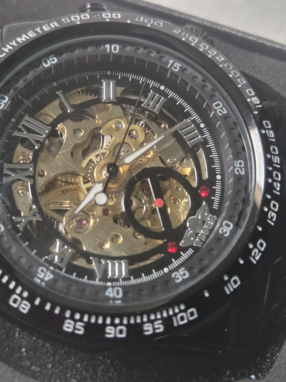 WINNER Black Skeleton Mechanical Watch with Tachymeter Bezel